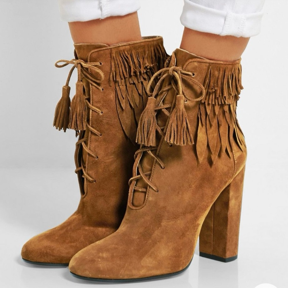 Aquazzura Woodstock  Brown Suede Fringe Booties Size 41 US Size 10 - Picture 2 of 6